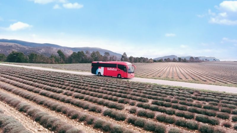 Ônibus da BlaBlaCar vermelho na estrada de natureza, com céu azul.